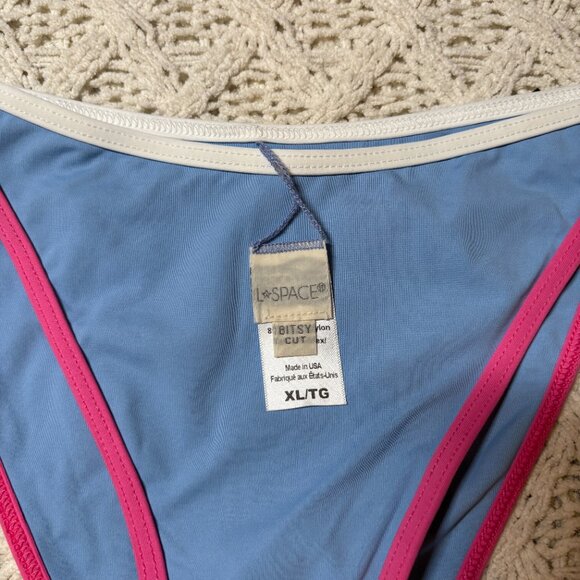 L*Space Bitsy Cut‎ Bikini Bottom Blue with Pink & White Trim – Women’s XL NWOT - Picture 5 of 6